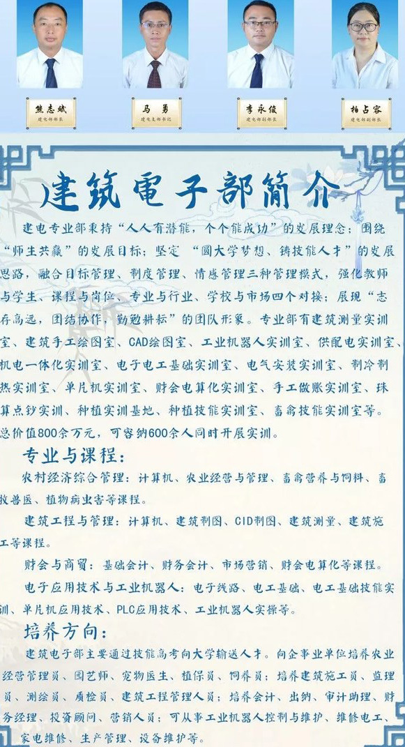 四川省長寧縣職業(yè)技術(shù)學(xué)校(長寧縣職校)建筑電子專業(yè)部課程、師資介紹